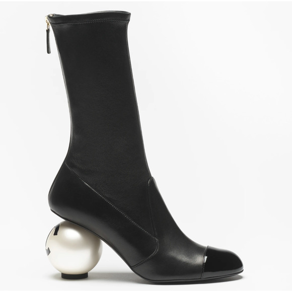 Chanel 25K Black White Pearl Ball Heel CC Logo Stretch Leather Mid Calf Boots 38 - Picture 5 of 16